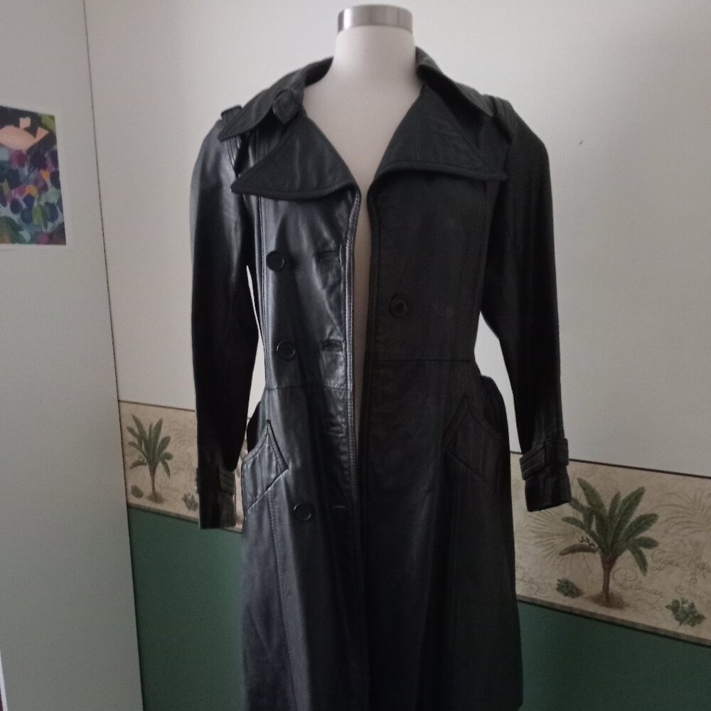90s True Vintage Real Leather Trench Coat Black Knee Length